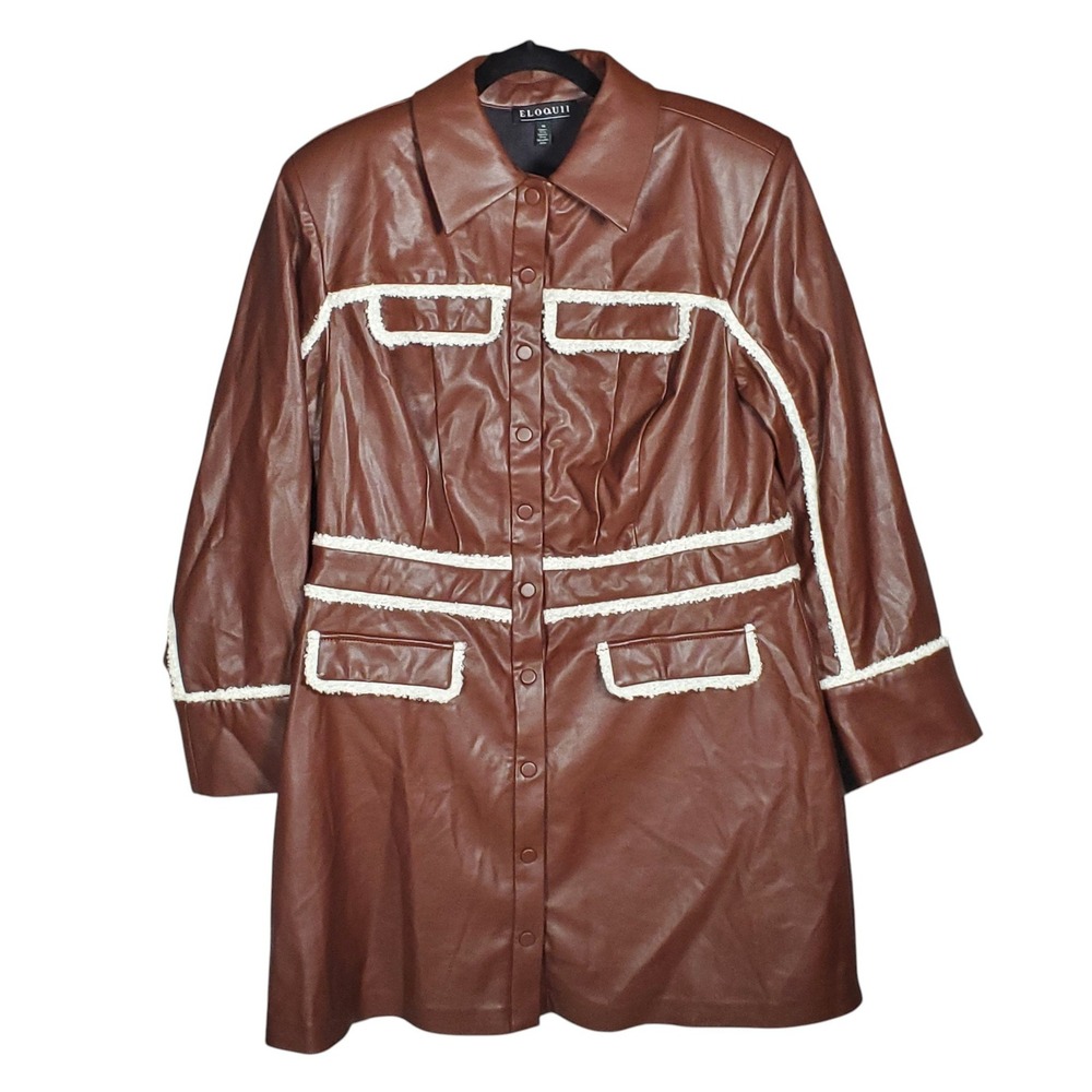 Eloquii Brown Faux Leather Sherpa Trim Button Front Mini Dress Jacket Size 14 - Picture 2 of 7